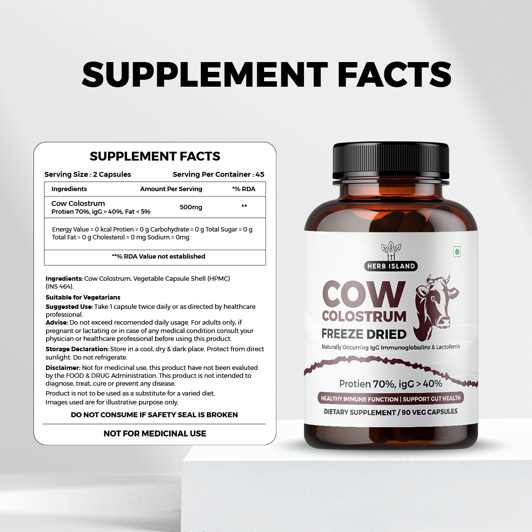 Herb Island Pure Cow Colostrum Powder Capsules 500mg | Natural Immunity Booster & Gut Health Support | Rich in Immunoglobulins