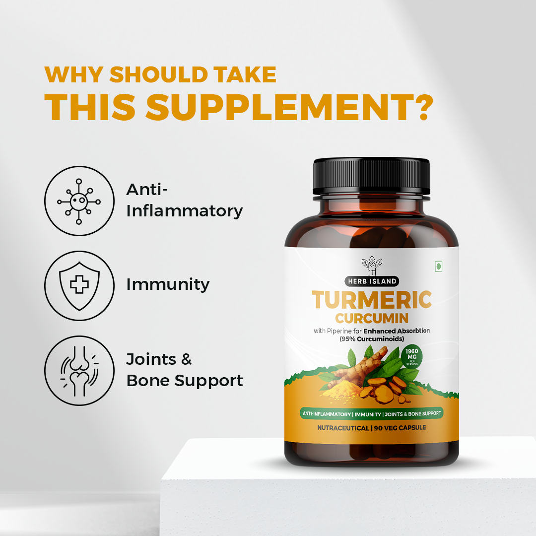Herb Island Turmeric Curcumin Tablets with Piperine and 95% Curcuminoids | Anti inflammatory Supplement for Adults | With Curcuma Longa, Turmeric & Ginger Root extract